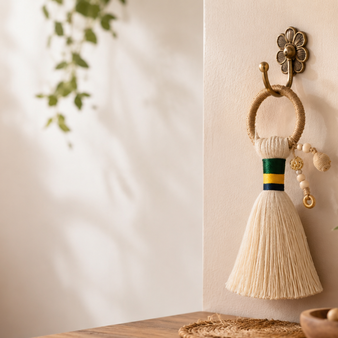 Adorno de macramê com faixas verde, amarelo e azul pendurado em gancho de latão